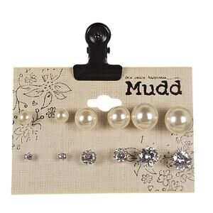 New Mudd Faux Pearl & Rhinestone Stud Earrings Set Silver Tone 6 Pair Cream